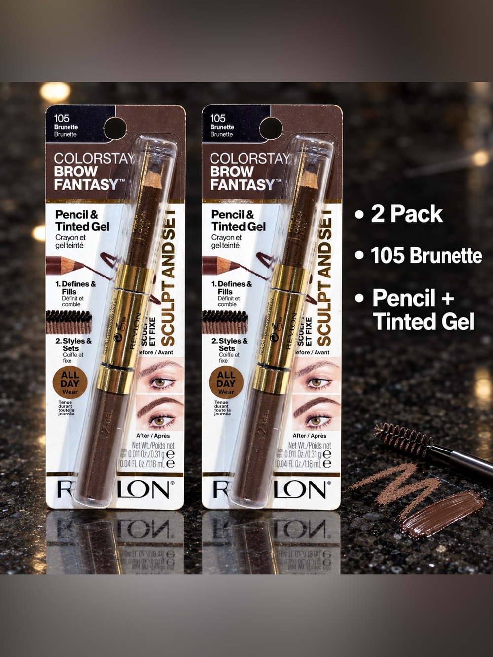2 Pack Revlon ColorStay Brow Fantasy Pencil & Tinted Gel 105 Brunette